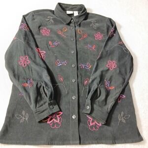 Koret Vintage Embroidered Floral Black Microsuede Blouse Size Large Collar L/Slv
